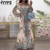 Women's Fashion Spring Fall Flower Pattern Print Long Sleeve V-Neck High Waist Casual Dresses