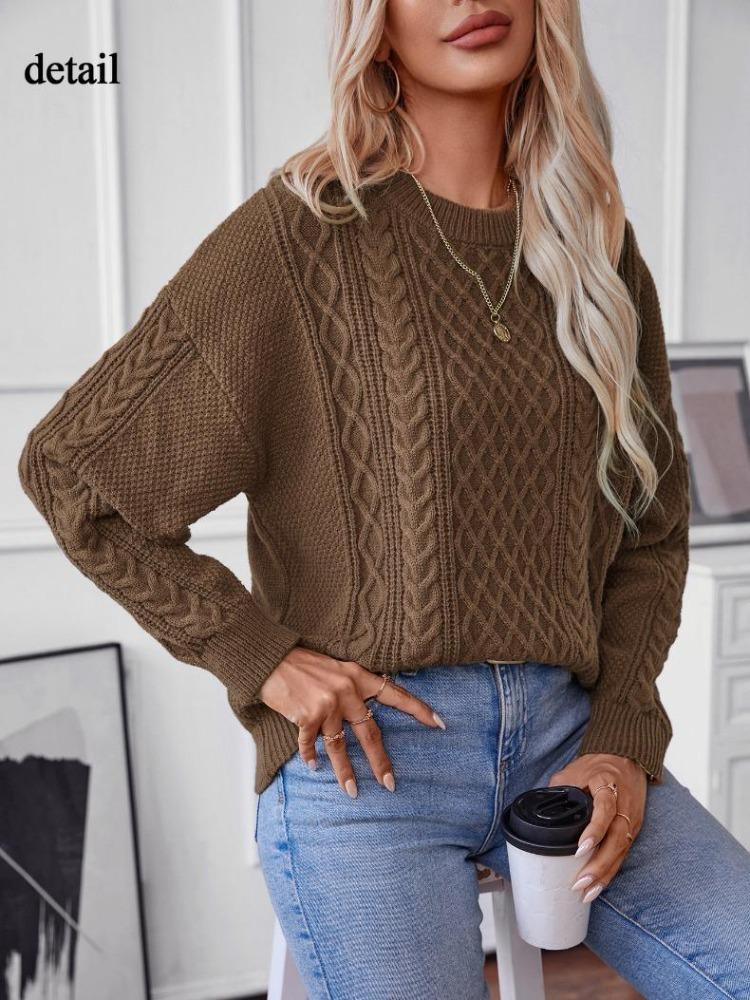 Женский объемный свитер крупной вязки с косами, пуловер, с круглым вырезом, с длинными рукавами, однотонный, повседневный, вязаный топ на осень