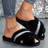 Fashion Pearl Crystal Decor Fluffy Slippers for Women Winter Plush Cross Strap Warm House Slippers Woman Open Toe Comfy Faux Fur Slides