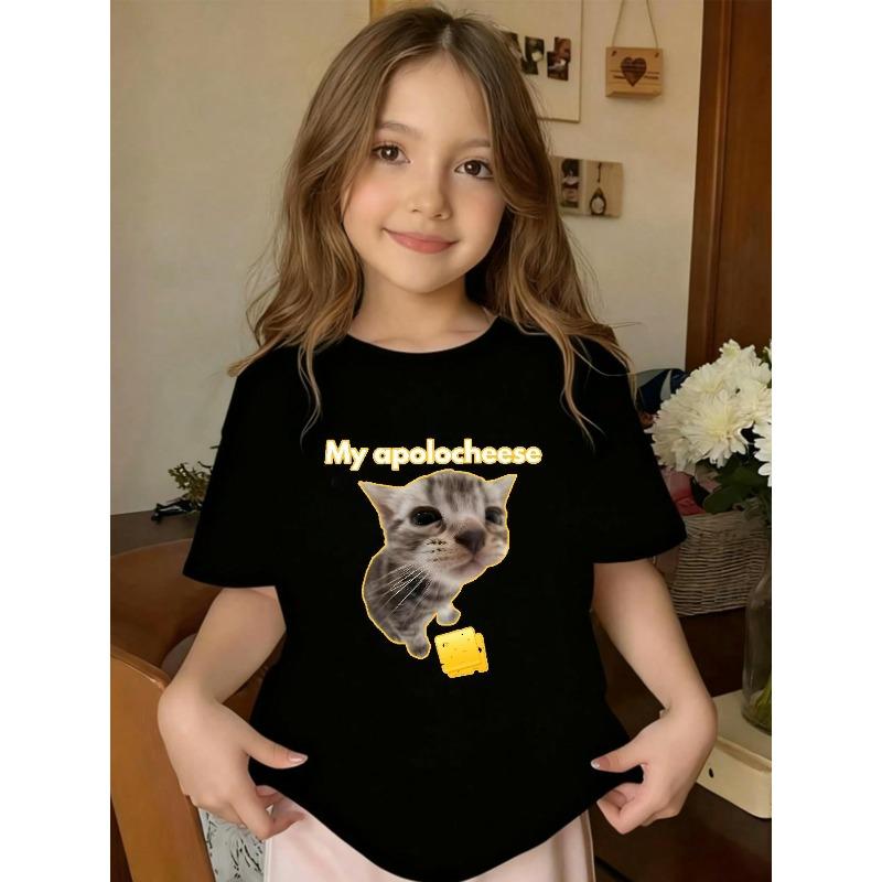 European sizes Summer Fashion Girls' Kitten Graphic 'my Apolocheese', Funny Kitten T-shirt, Casual Crew Neck Short Sleeves for Teens