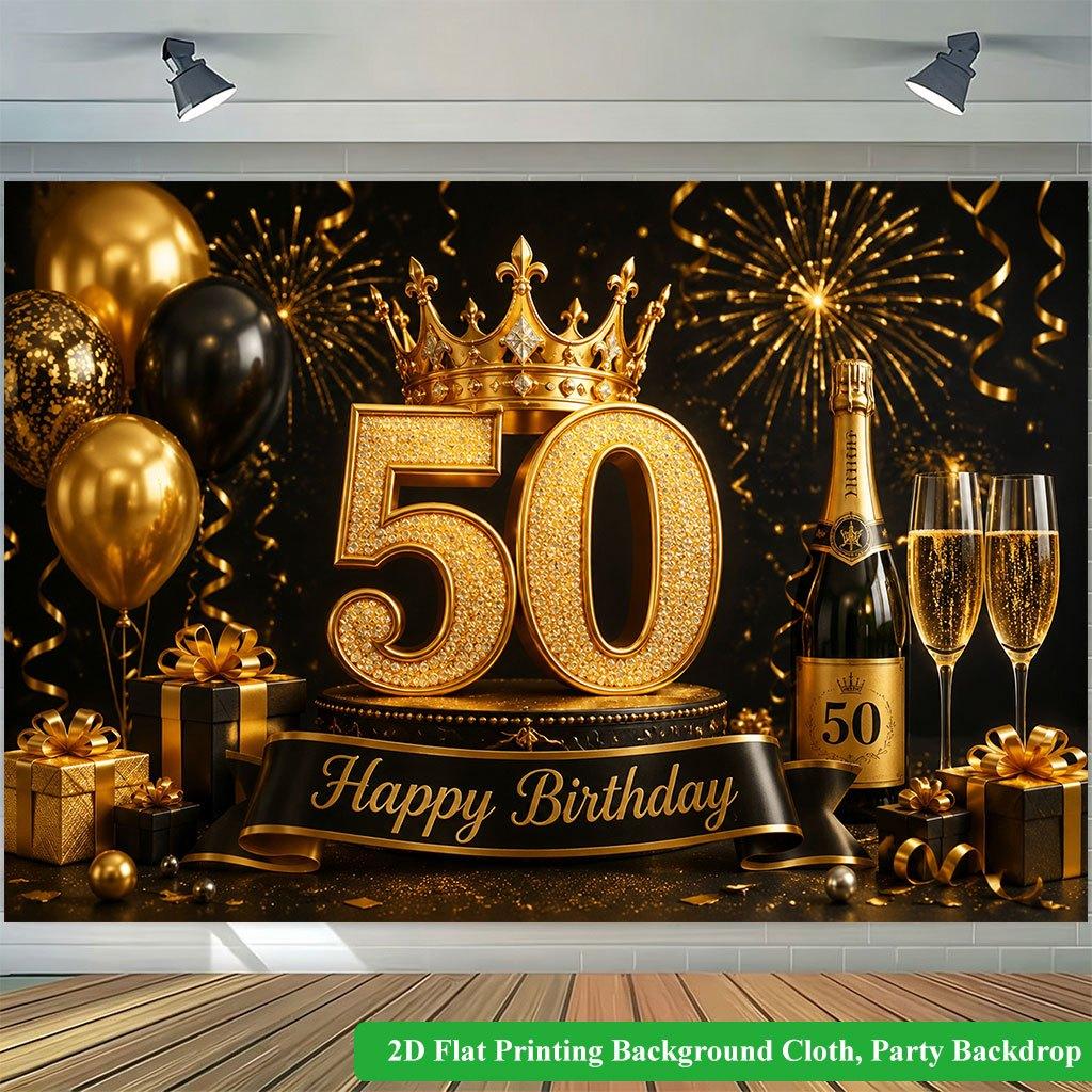 2D Flat Backdrop1pc Gold Theme Birthday Party Anniversary Backdrop Banner Polyester Wall Decor For Living Room Bedroom Office Outdoor Decor