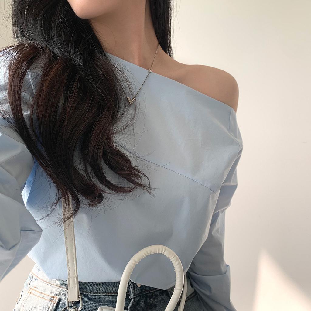 Рубашка с открытыми плечами, женская сексуальная однотонная тонкая рубашка на одно плечо, летняя рубашка с длинными рукавами, дизайнерский топ