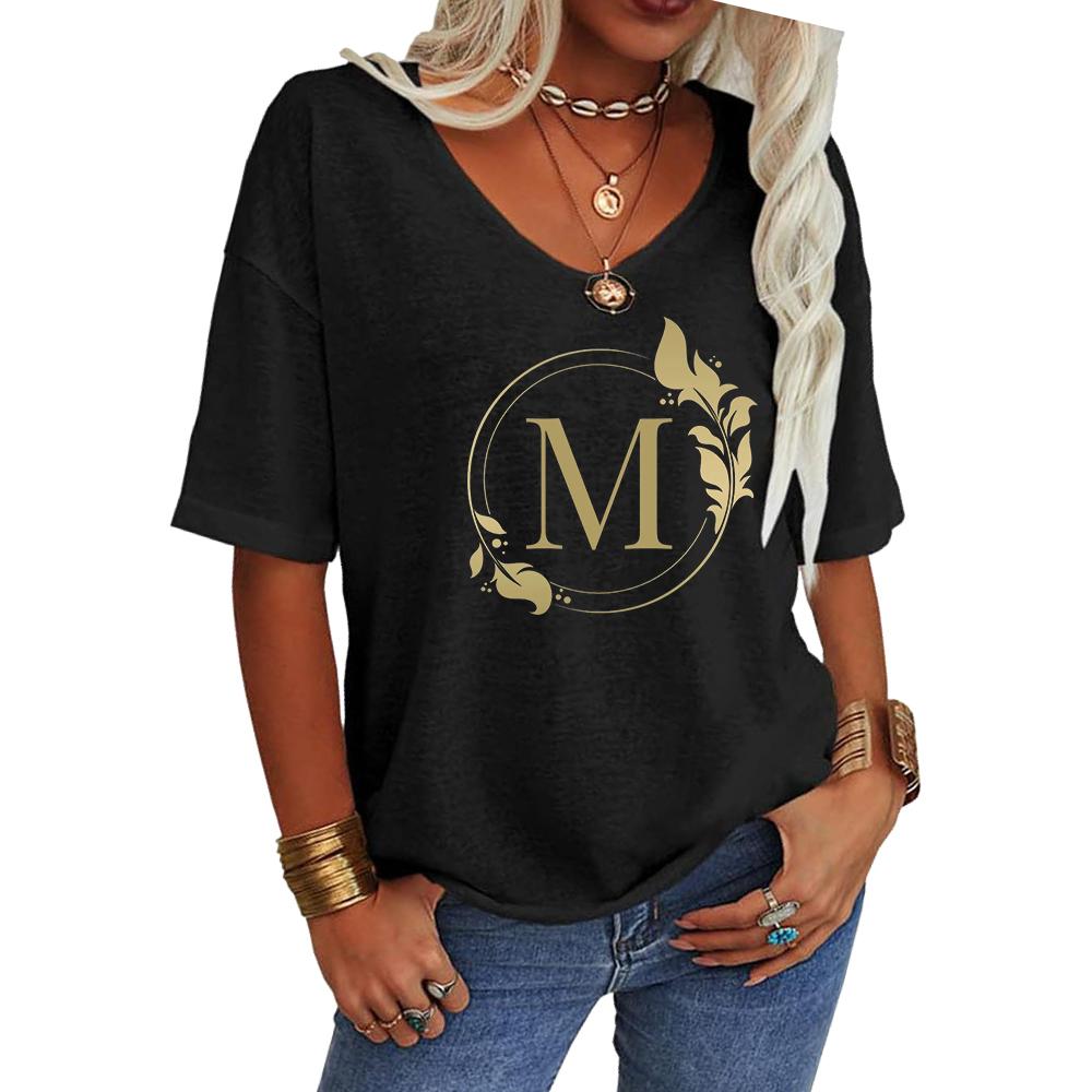 Women Fashion V Neck Tee Shirt Summer Casual Short Sleeve Top Loose Letter Print T-shirt