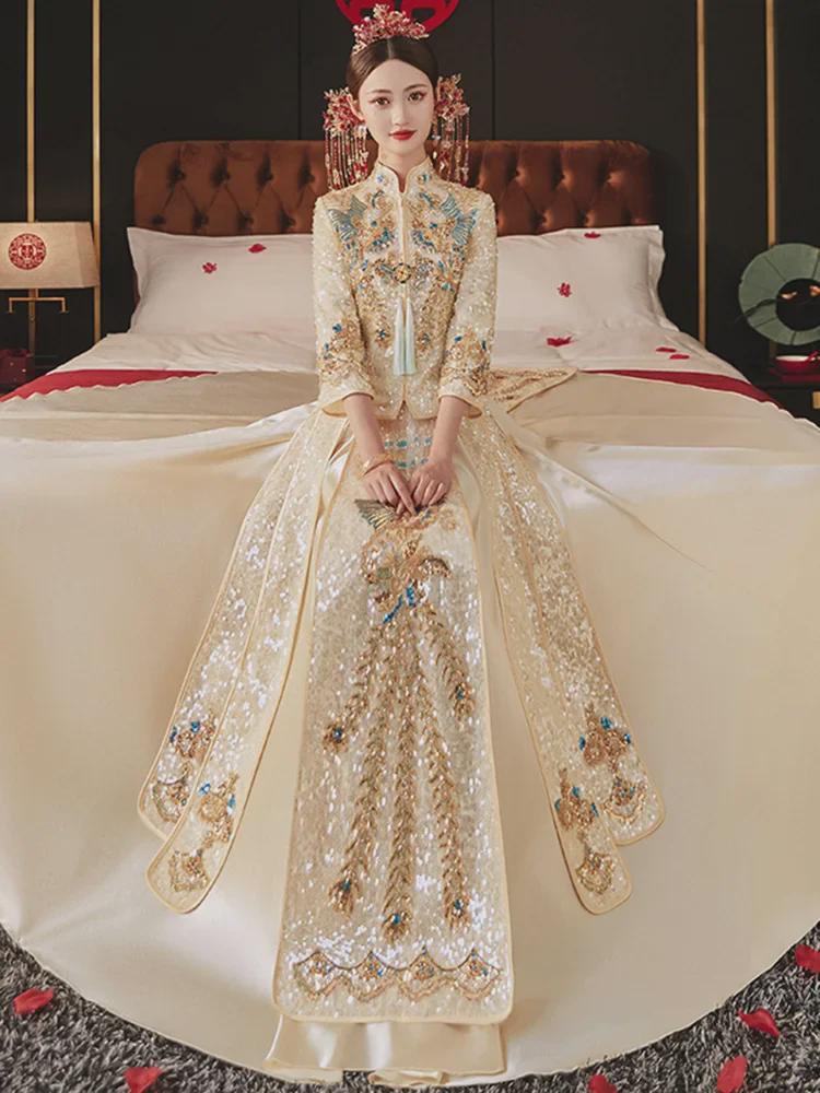 Xiuhefu 2025 Elegant Chinese Bridal Champagne Dress - Summer Dragon & Phoenix Kimono Gown