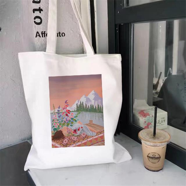 Белая простая сумка для покупок Милая сумка с принтом Kawaii Сумка для покупок Harajuku Холщовая сумка для покупок Сумка для девочек Сумка на одно плечо для женщин