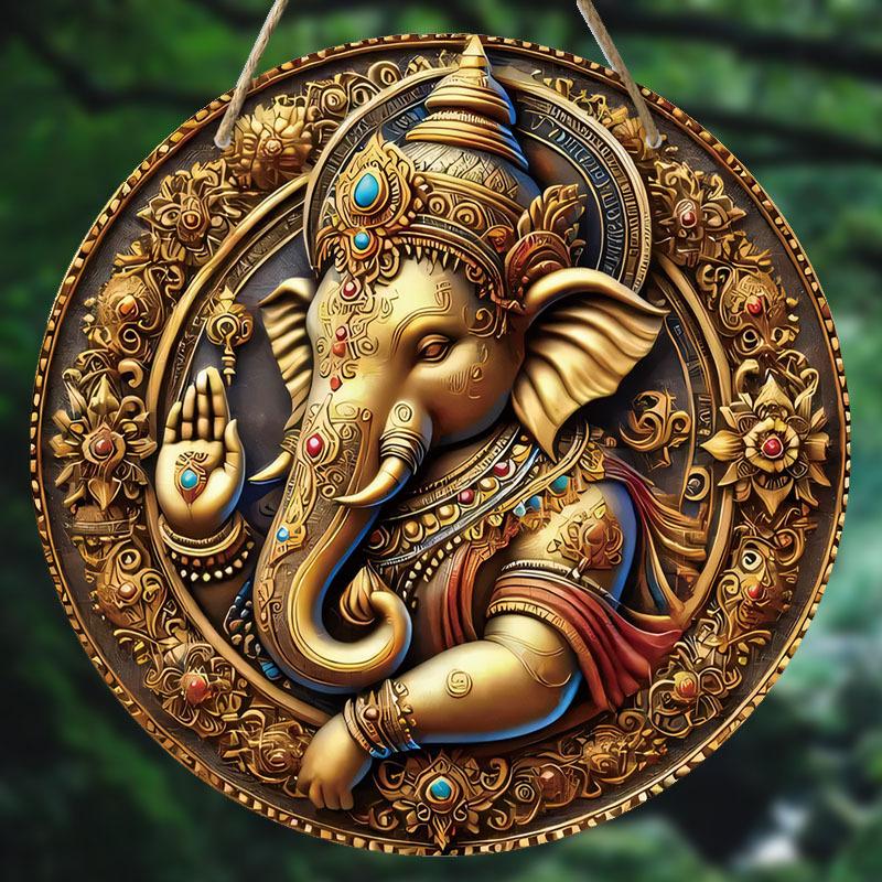 Wooden Ganesha Wall Hanging, Classic 2D Elephant-Headed God with Floral Design, for Door, Wall, Home, Room, Farmhouse, Street, Shop, Garage, Garden
