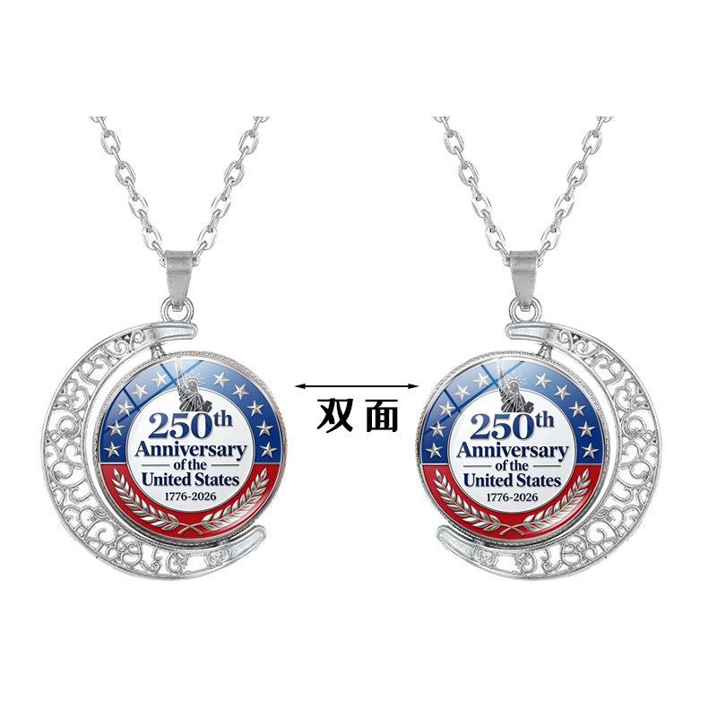 1Pc USA 250th Anniversary Double Sided Rotating Moon Alloy Necklace, Liberty Bell Flag