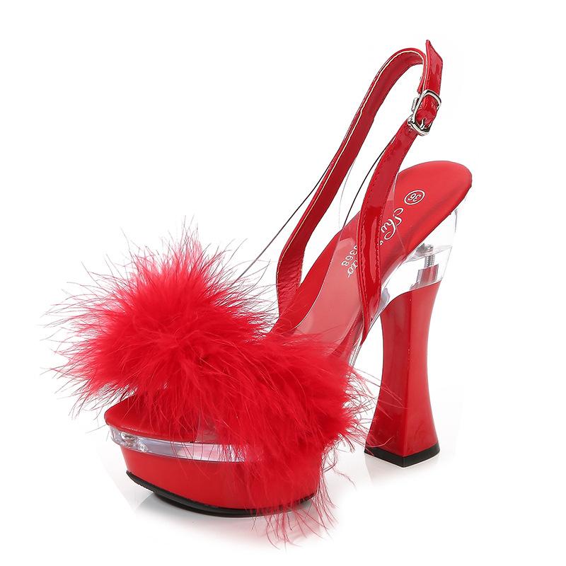 Летние босоножки на очень высоком каблуке с прозрачными светящимися лепестками для стриптиза, женские туфли для ночного клуба, сексуальные сандалии с открытым носком и толстым каблуком, покрытые мехом