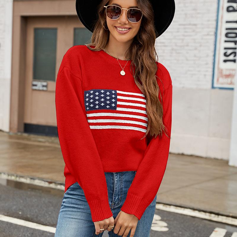 Autumn/Winter Round Neck Long Sleeve American Flag Printed Sweaters Easter Independence Day Fashion Women's Sweaters