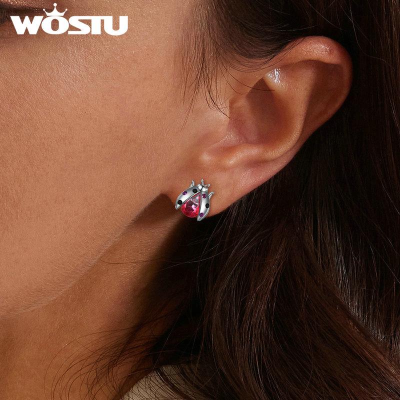 WOSTU Женские серьги-гвоздики из стерлингового серебра 925 пробы с розовой божьей коровкой, многоцветные серьги с турмалином с цирконием, открытые серьги-гвоздики, зажимы для вечеринок, ювелирные изделия, подарок