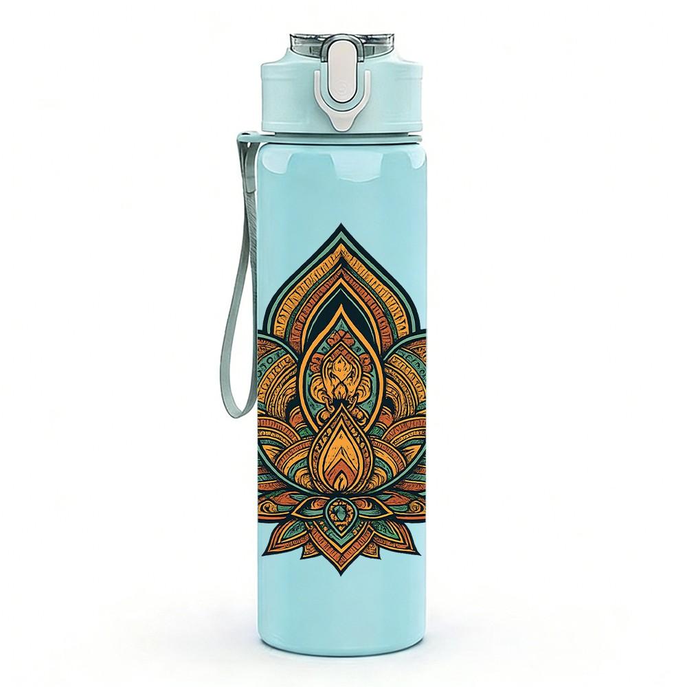 1PC Golden Lotus Mandala 750ml Color Plastic Sports Water Bottle Leakproof Flip Straw Lid Suitable for Sports Office Home Use