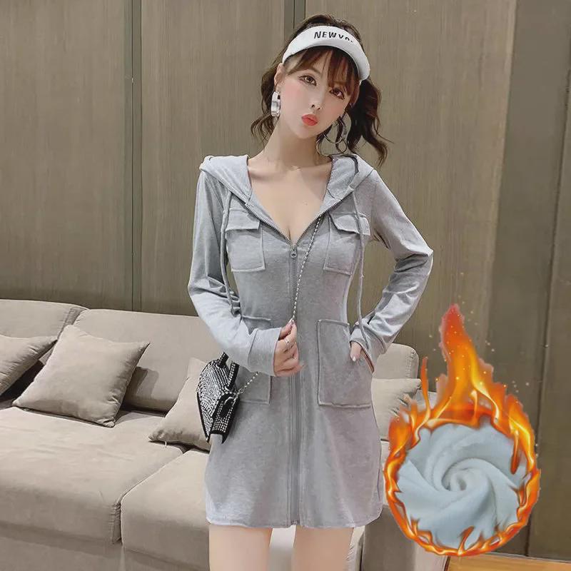 Plush Long-Sleeve Zippered Hoodie Dress - European and American Autumn/Winter Style for Women
