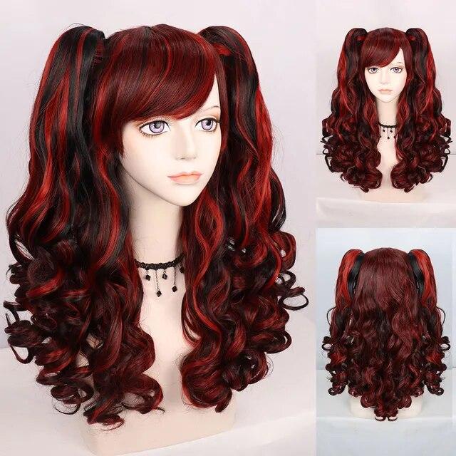 Парик для косплея Синтетический длинный цветной вьющийся парик для косплея Лолиты для девочек с двойными хвостиками и 1 шапочкой для парика