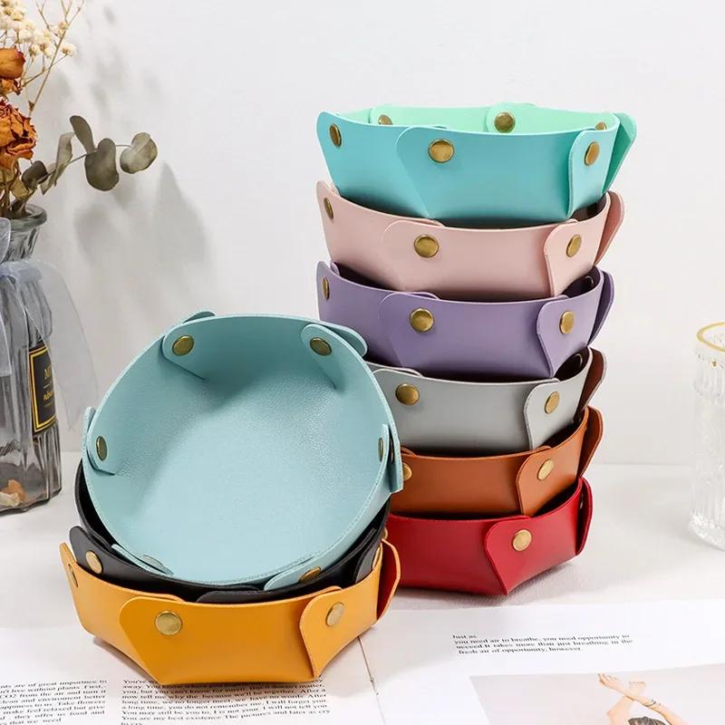 1PC Foldable Round PU Leather Tray Desktop Organizer for Jewelry Cosmetics Keys Multi-purpose Storage Box for Home Office