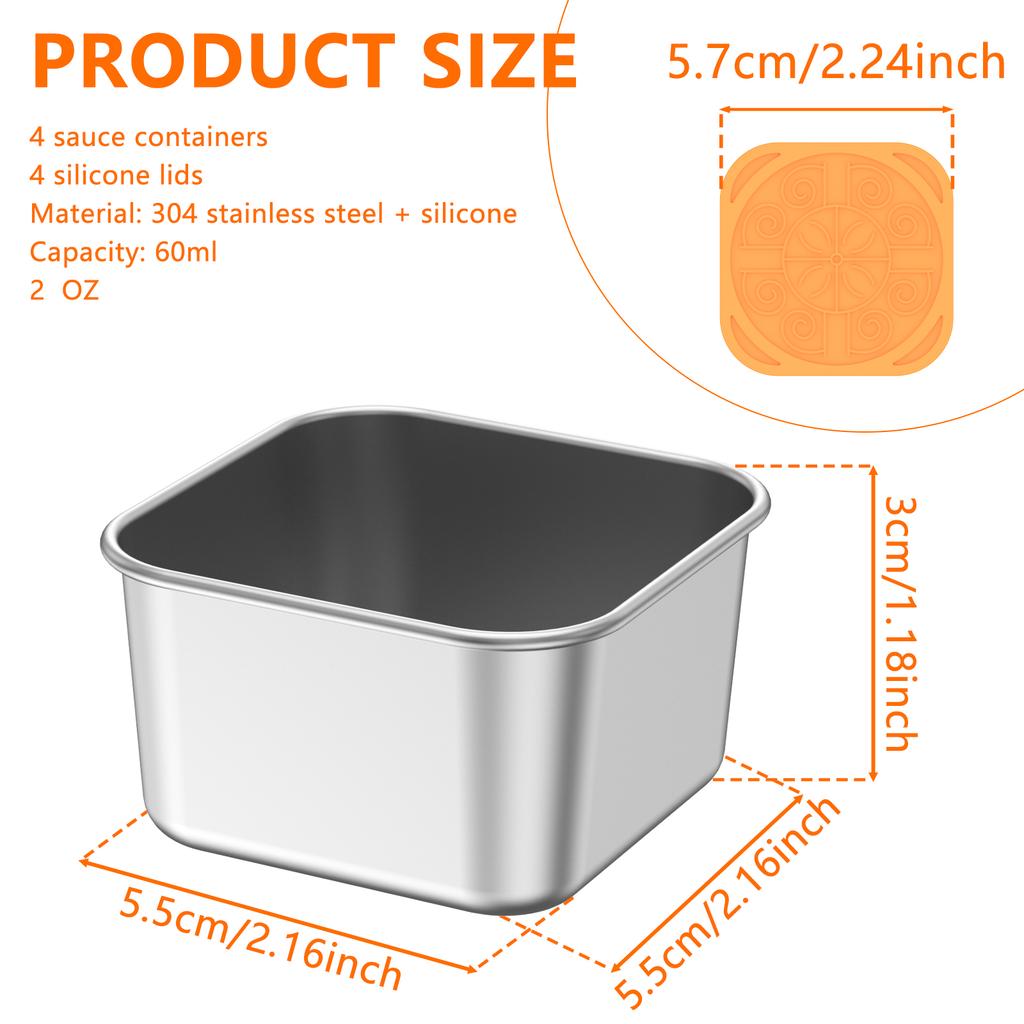4Pcs Stainless Steel Snack Salad Box with Silicone Lid 2/6oz Leakproof Portable Stackable Sauce Container Dressing Food Storage