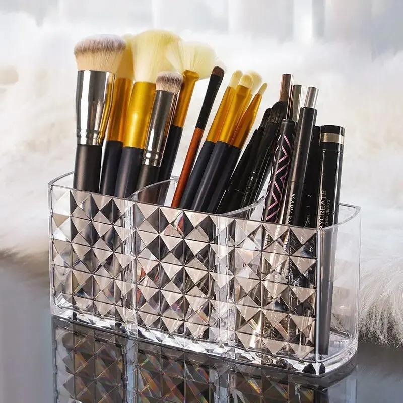 Cosmetics Storage Box Storage Tube Three Grid Pen Holder Transparent Acrylic Eyebrow Pencil Makeup Brush Storage Box