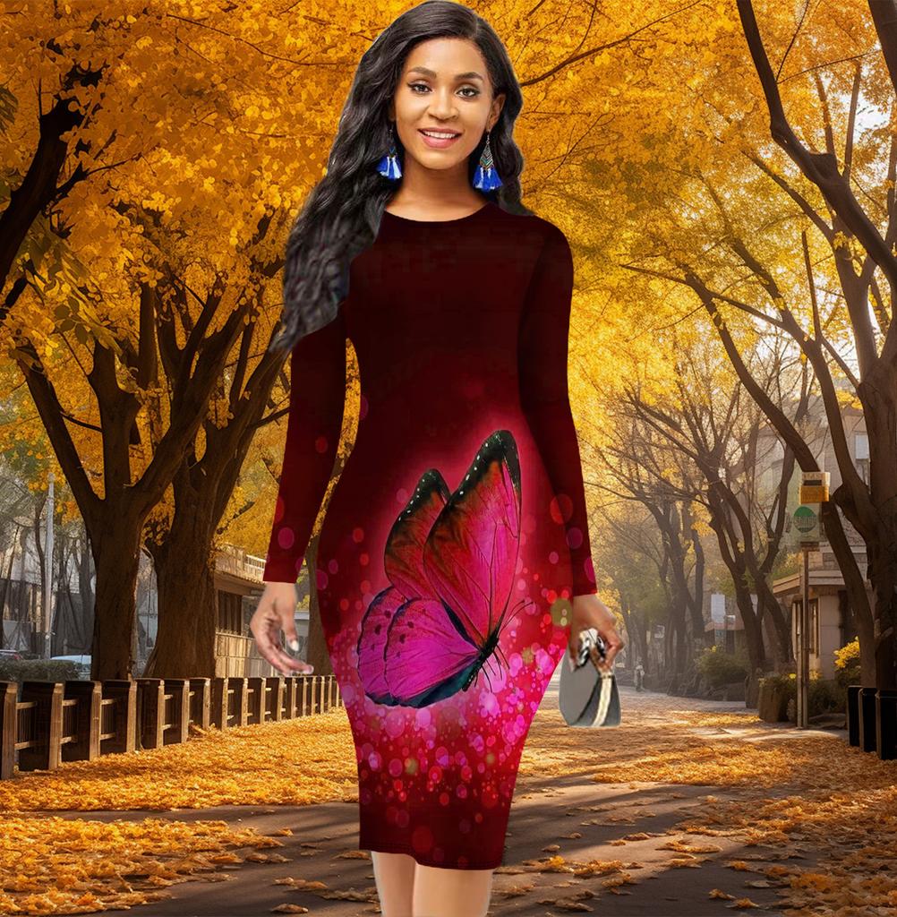 Длинный рукав, облегающее, офисное, облегающее, с принтом сверкающих бабочек, элегантное облегающее платье