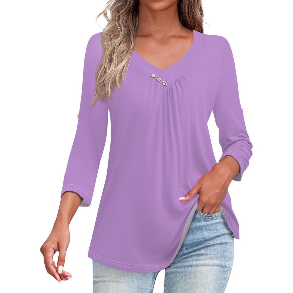 Shirts For Women Trendy V Neck Button T Shirts Casual Solid Color Summer Tees T Shirt Blouse Three Quarter Sleeve Tops For Women
