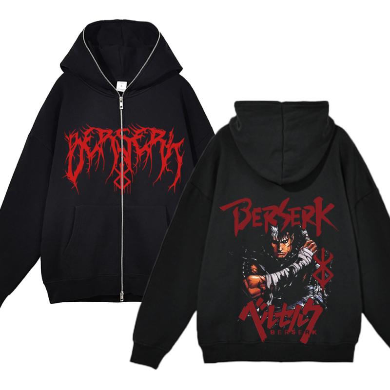 Berserk Sweatshirt Full Zip Jackets Y2k Hoodies Casual Sweatshirts Anime Print Coat Autumn Fleece Clothing Guts Hooded for Men