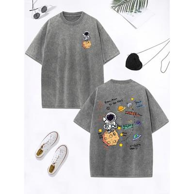 Мультяшные принты с космонавтом и космическими приключениями, выстиранная футболка, женские хлопковые топы оверсайз, футболка с круглым вырезом в стиле гранж, одежда