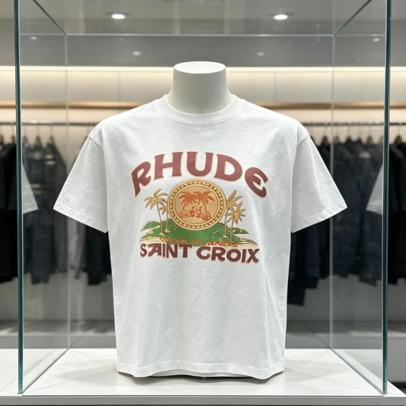 2026 Новая футболка RHUDE с коротким рукавом, ретро-принт с логотипом, свободная, повседневная, высококачественная, унисекс