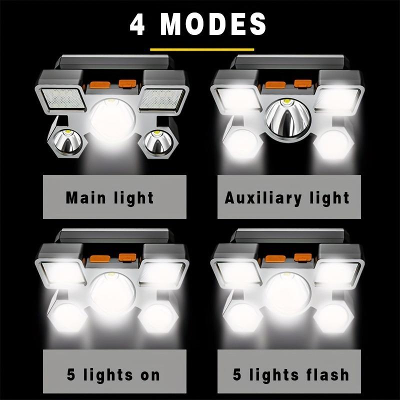 LED Strong Light Five Head Airplane Head Wearable Riding Light Outdoor Camping Fishing Headlight Long Endurance 4 Illumination Modes