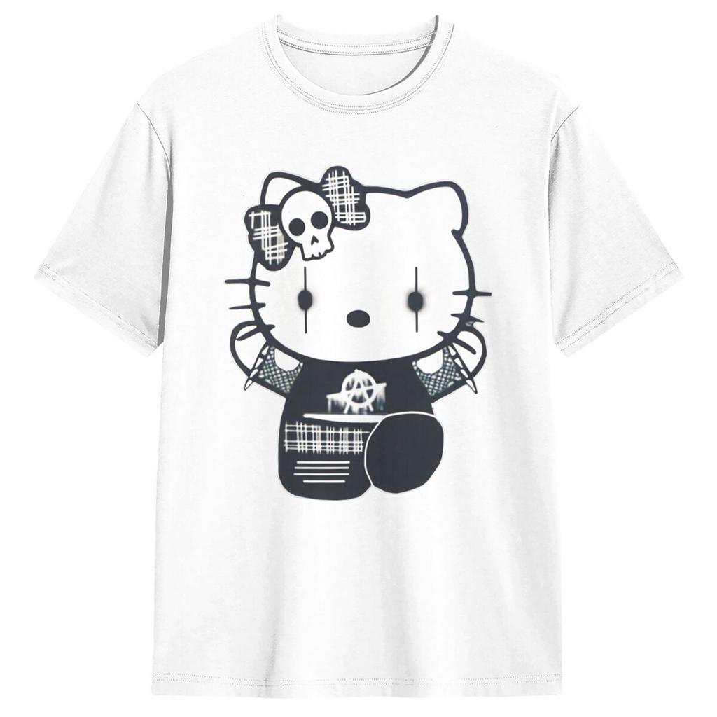Goth Gothic Hellokitty Black Satanic T Shirt Leisure Short-Sleeved Tops Summer 100 Cotton O Neck 4XL 5XL 6XL Clothes