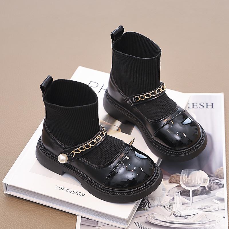 Модные ботинки для девочек 2024 года, осень-зима, детские носки, ботинки, детские носки, классические металлические цепочки, пэчворк, принцесса, милая, мягкая