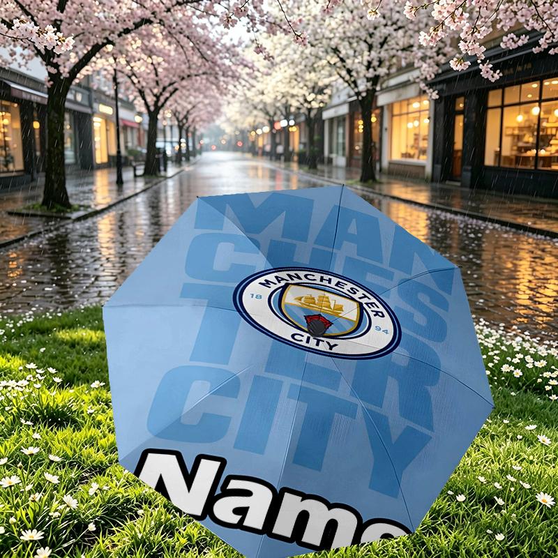Custom Name Personalized Manchester City FC Print Umbrella, Auto Open Close, 8‑Rib Sturdy Frame, Commute Camping Hiking Use, Birthday Gift