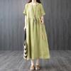 Summer Literature Plus Loose Fit Solid Color Cotton Linen Round Neck Short Sleeved Mid To Long Length Dress for Women Casual Dresses