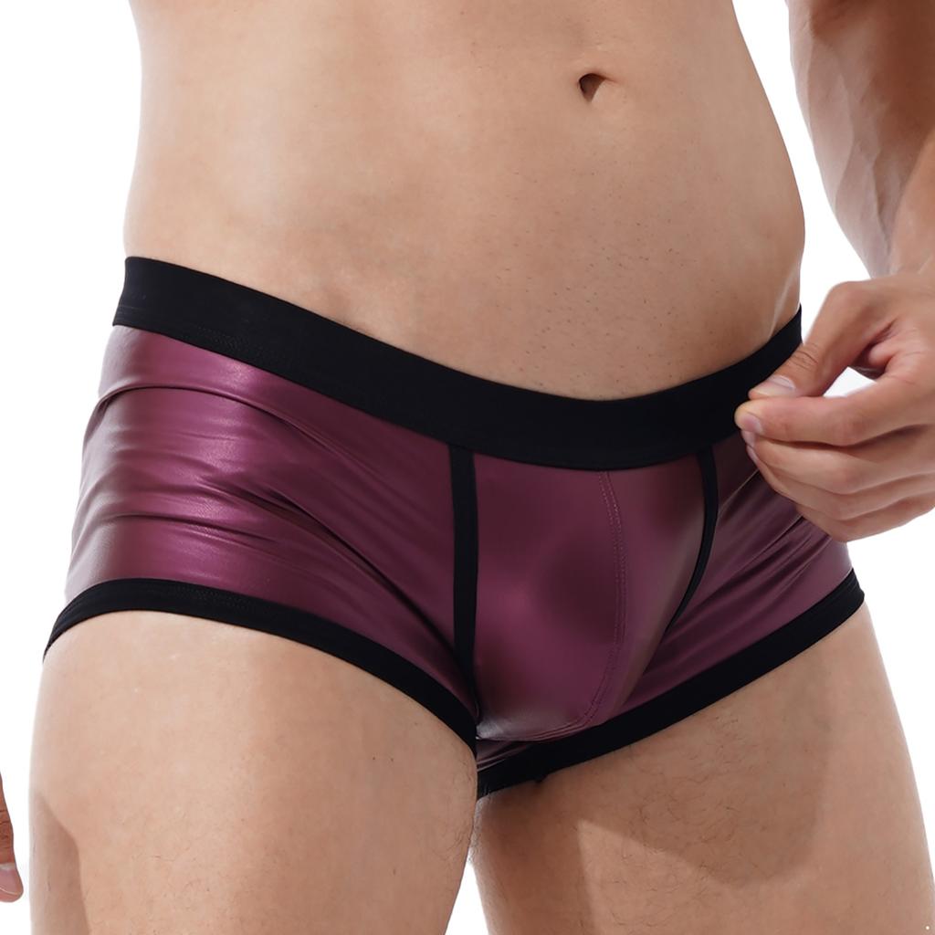 Men Low Waist Faux Leather Boxer Shorts Sports Swimming Trunks Swimwear Bulge Pouch Underpants Underwear