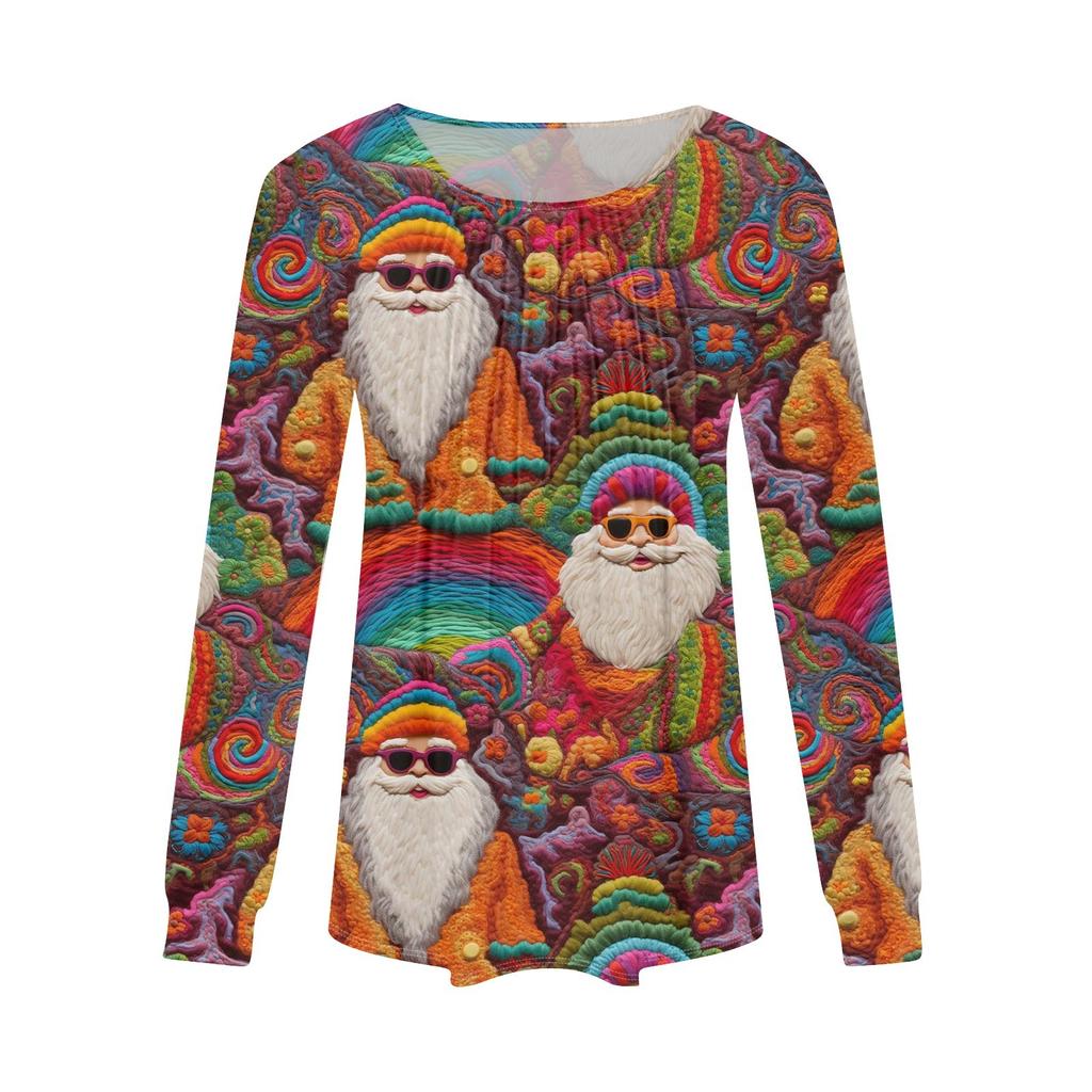 Women's Casual Top Christmas Printed Round Neck Long Sleeved Pleated T-shirt