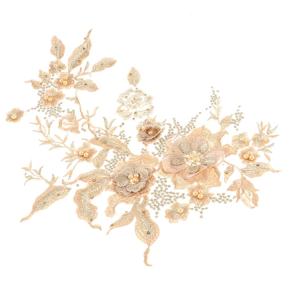 material 3D Flower Fabric Beaded Lace Applique Embroidered Flower Patch for Dresses Bridal Dress