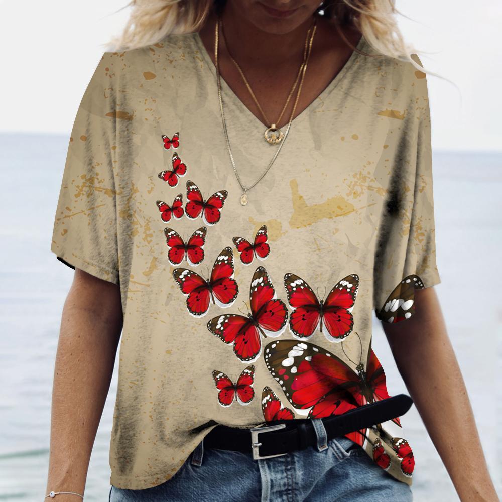 Футболки с 3D принтом бабочки и цветочным принтом, женские топы Y2k, футболки с v-образным вырезом, женская футболка в стиле Харадзюку, женская повседневная одежда больших размеров