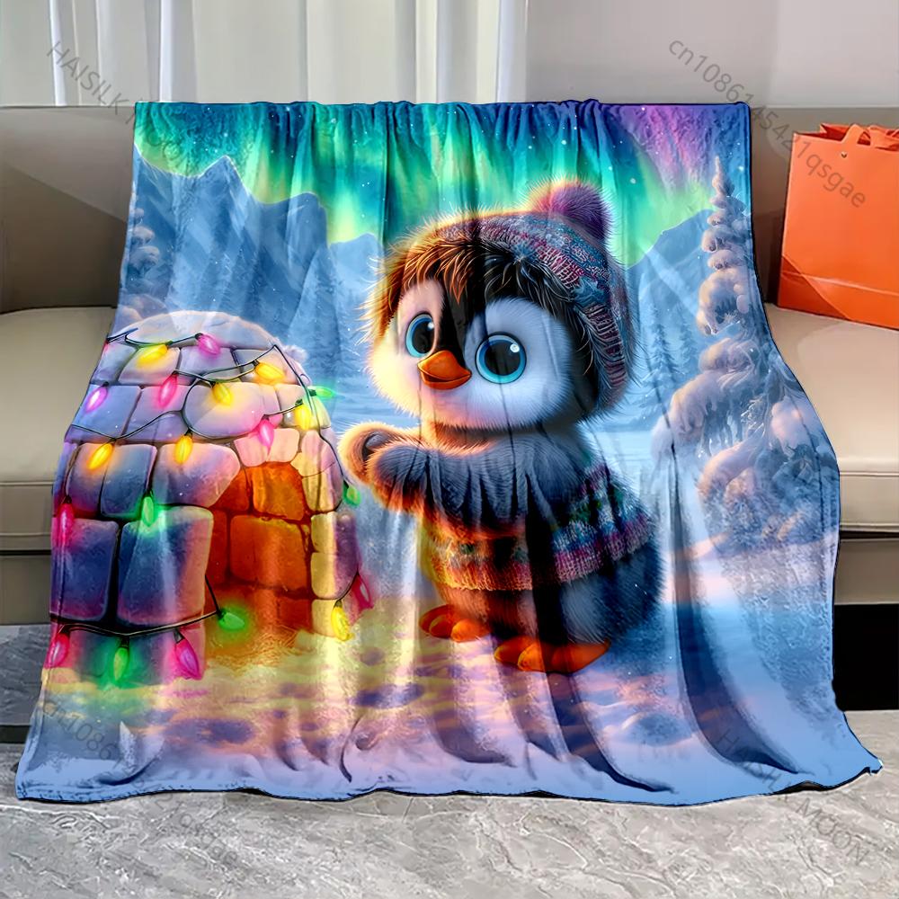 Cute Penguin and Colorful Lights Pattern Blanket Flannel Material Soft Warm for All Seasons Home Outdoor Camping Picnics RV