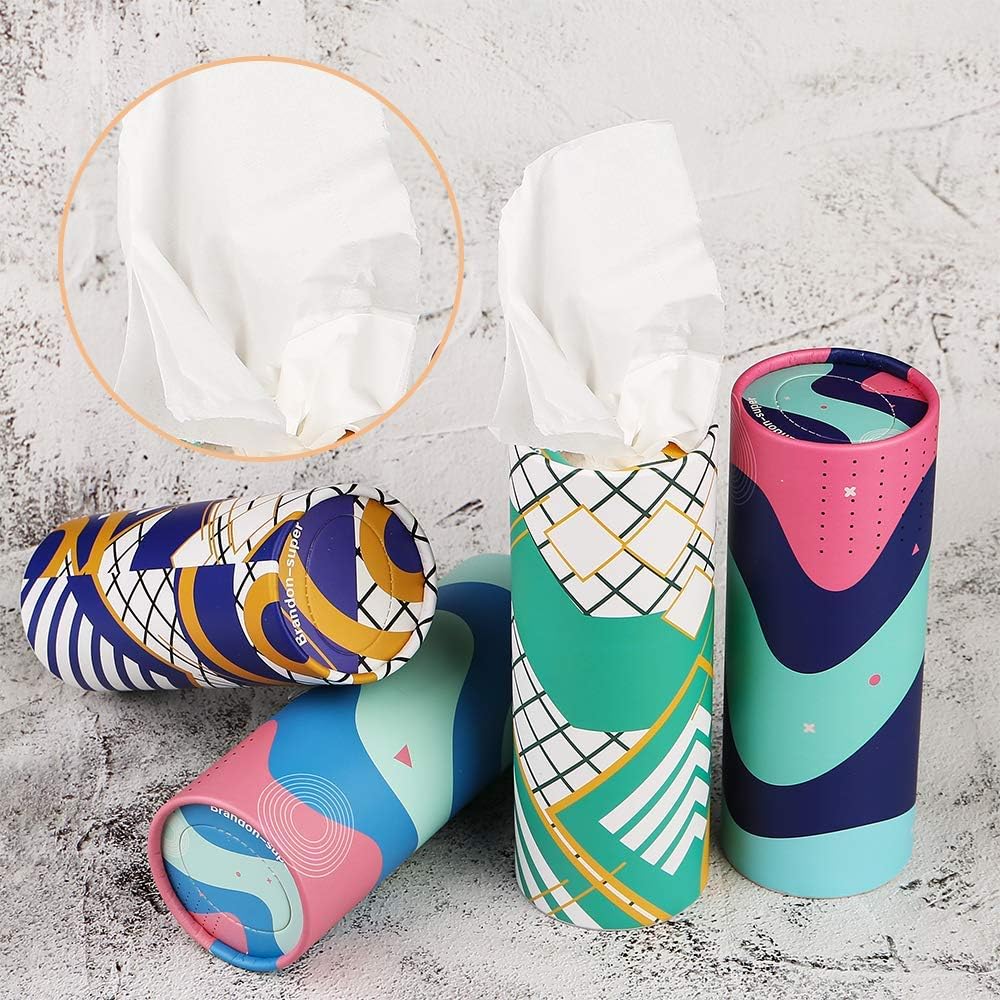 Car Tissue Holder With Facial Tissue Bulk, Car Tissues Box Round Container - Tissue Tubes For Car, Travel Tissues Perfect For Car Cup Holder - 4PK