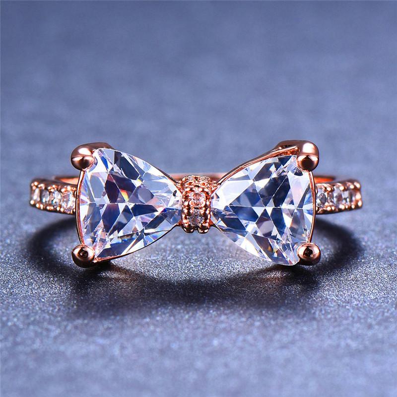 Female Cute Big Bowknot Zircon Stone Ring Color Love Engagement Rings For Women Purple Blue Red Rainbow Wedding Jewelry
