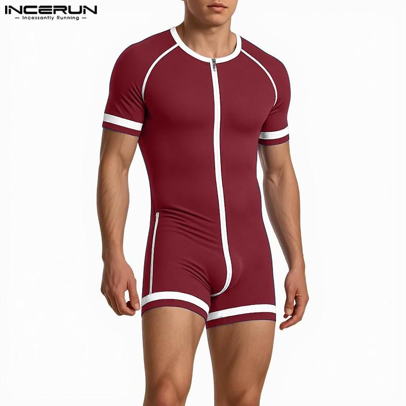 INCERUN Men Short Sleeve Stitching Fitted Jumpsuits Romper Bodysuits Pajamas Home Wear