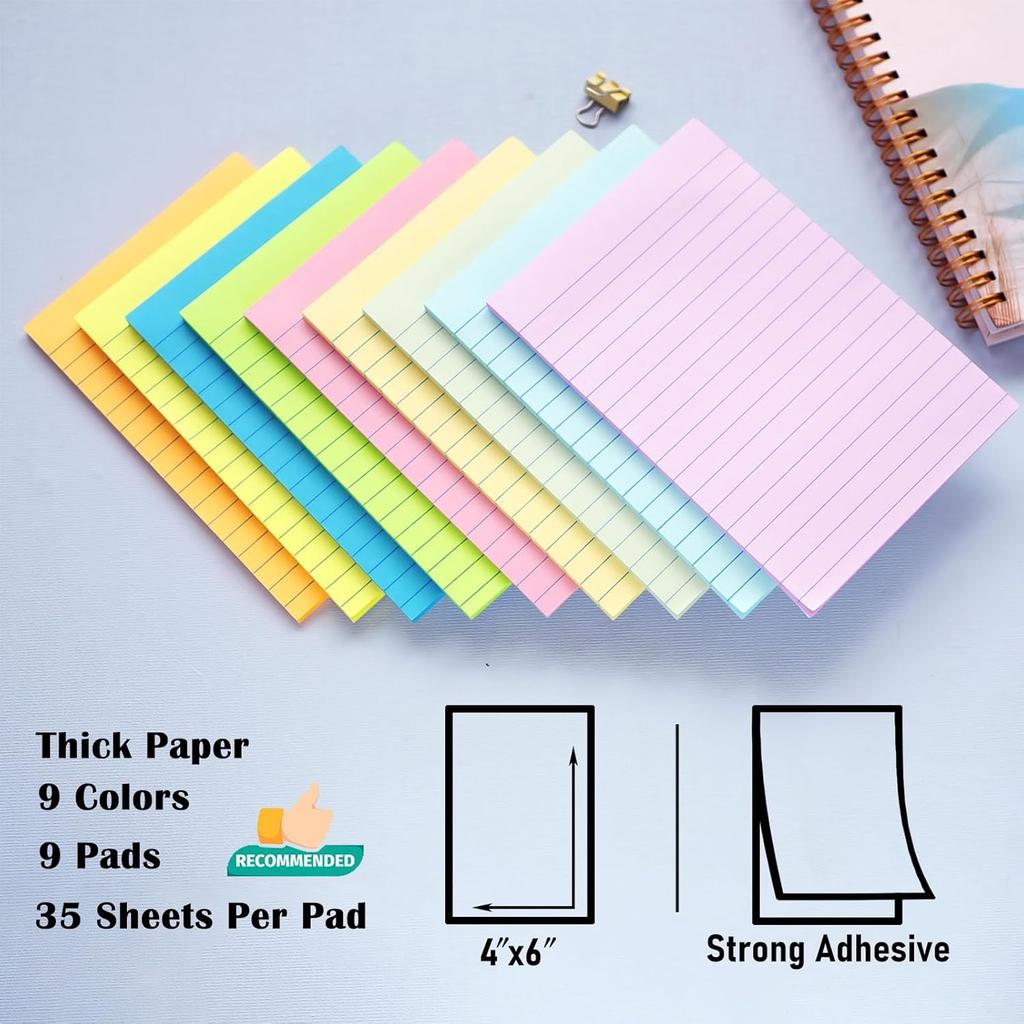 Набор из 9 липких блоков для заметок в линейку 10x15 см Post-it, 9 пастельных цветов, большие линованные стикеры Post-it, яркие, суперлипкие, блокноты для записей, сильный клей, липкие заметки