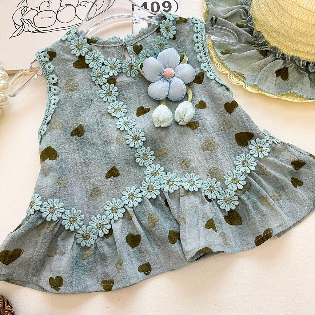 Girls' Heart & Daisy Sleeveless Vest and Floral Bow Knot Shorts Set