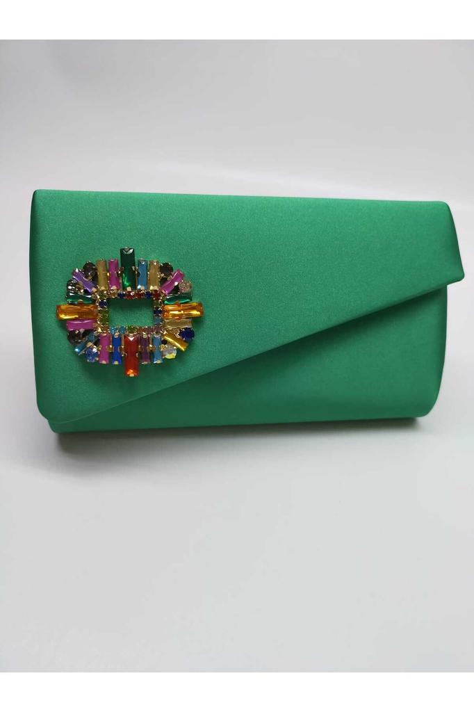 Women's Stylish and Useful Evening Dress Bag Shiny Saks Blue Satin Colored Stone Evening Bag