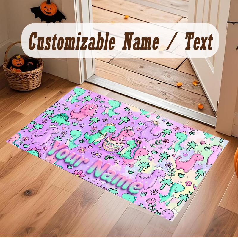 Dinosaur Theme Soft Crystal Velvet Rug Custom Name & Text Print Non Slip Floor Rug for Bedroom Living Room
