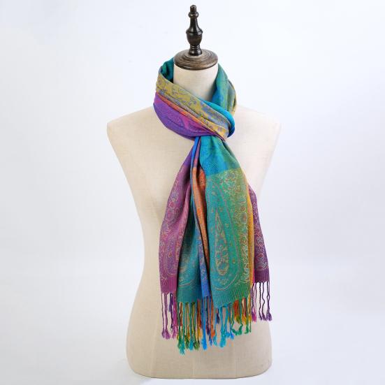 Imitation Wool Shawl Rainbow Color Art Printing Wrap Scarf with Tassels Women Poncho Shawl Blanket Scarf
