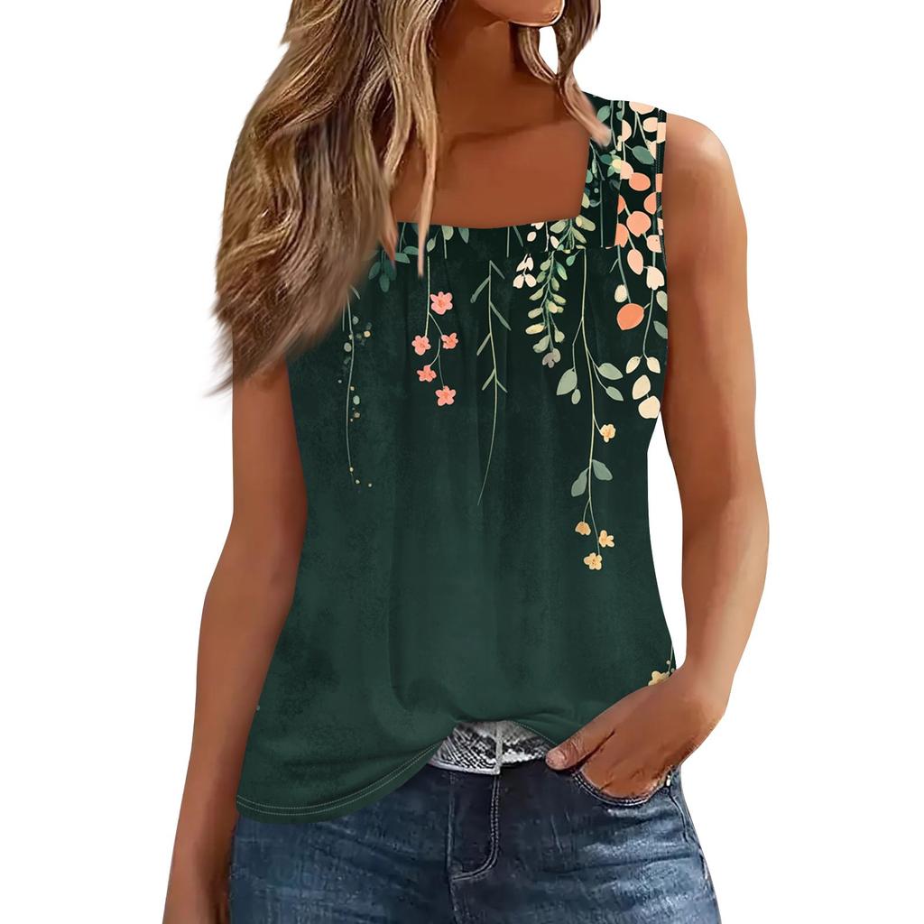 Женская плиссированная футболка без рукавов с квадратным воротником и принтом