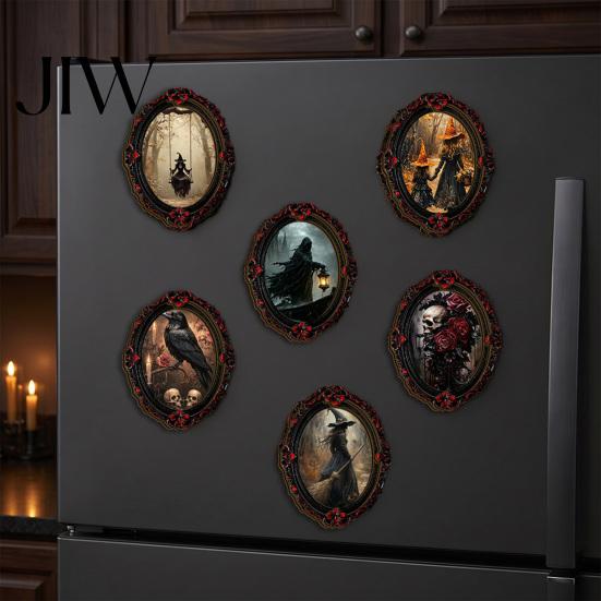 Halloween Refrigerator Magnets Magnetic Fridge Magnet, Ghost Witch Photo Frame, Wooden Vintage Theme Home Ornaments Frame Decoration, Atmospheric Dark