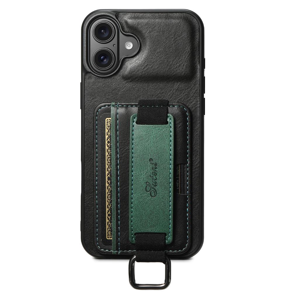 SUTENI H13 For iPhone 16 Case Card Holder Wristband Waxy Texture Leather+TPU+PC Cover