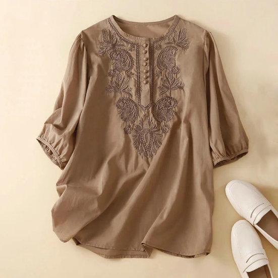 Женский топ с вышивкой и круглым вырезом Элегантный короткий рукав из хлопка и льна с винтажной вышивкой