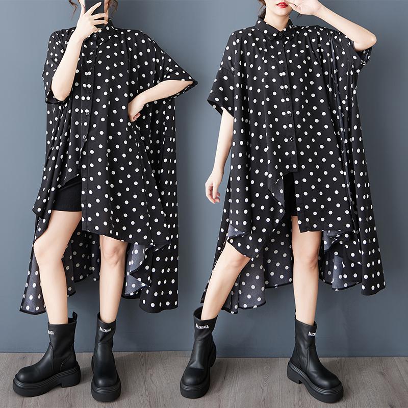 DIMANAF 2025 Большой размер Новая летняя блузка Короткий рукав Повседневные длинные рубашки Женские свободные топы Футболки В горошек