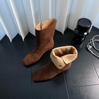 Винтажные нишевые замшевые квадратный носок западные ковбойские сапоги для женщин осень и зима с толстыми каблуками и лацканами для двух вариантов носки с ботинками Мартин и ботильонами