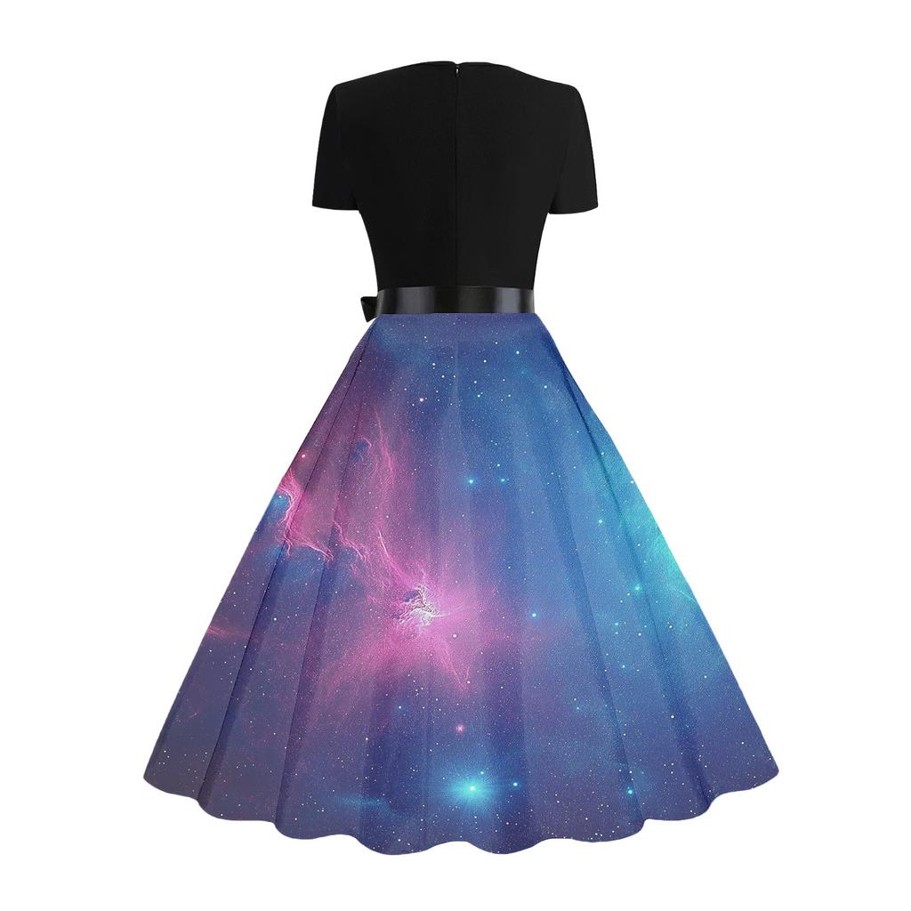 Платье-клеш в стиле ретро с принтом для женщин, повседневное, с коротким рукавом, круглым вырезом, винтажное платье